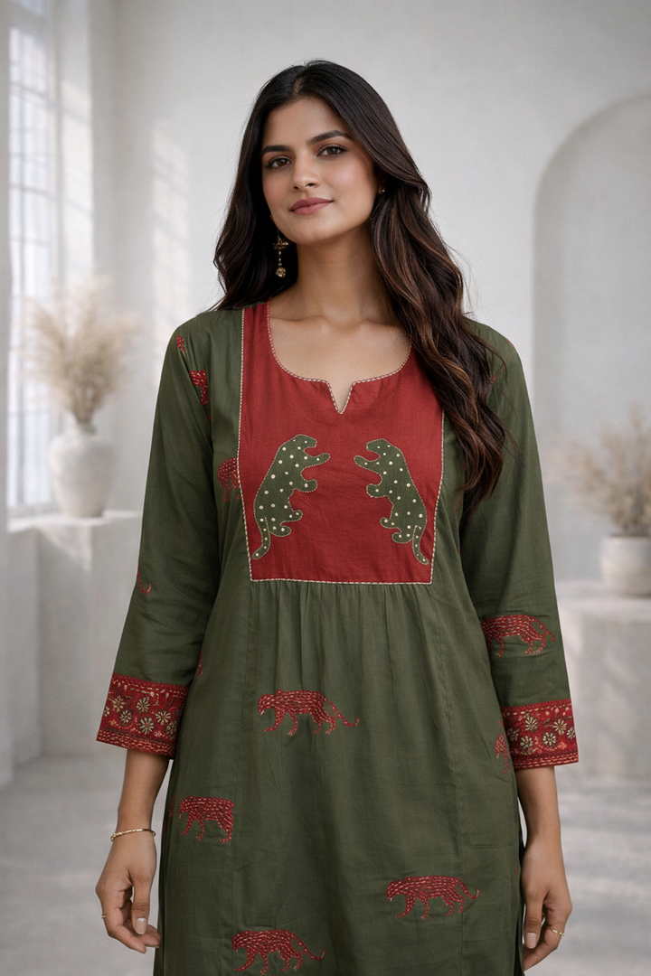 Abira Olive Printed Kurta pant set