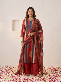 Swades crimson printed cotton suit set