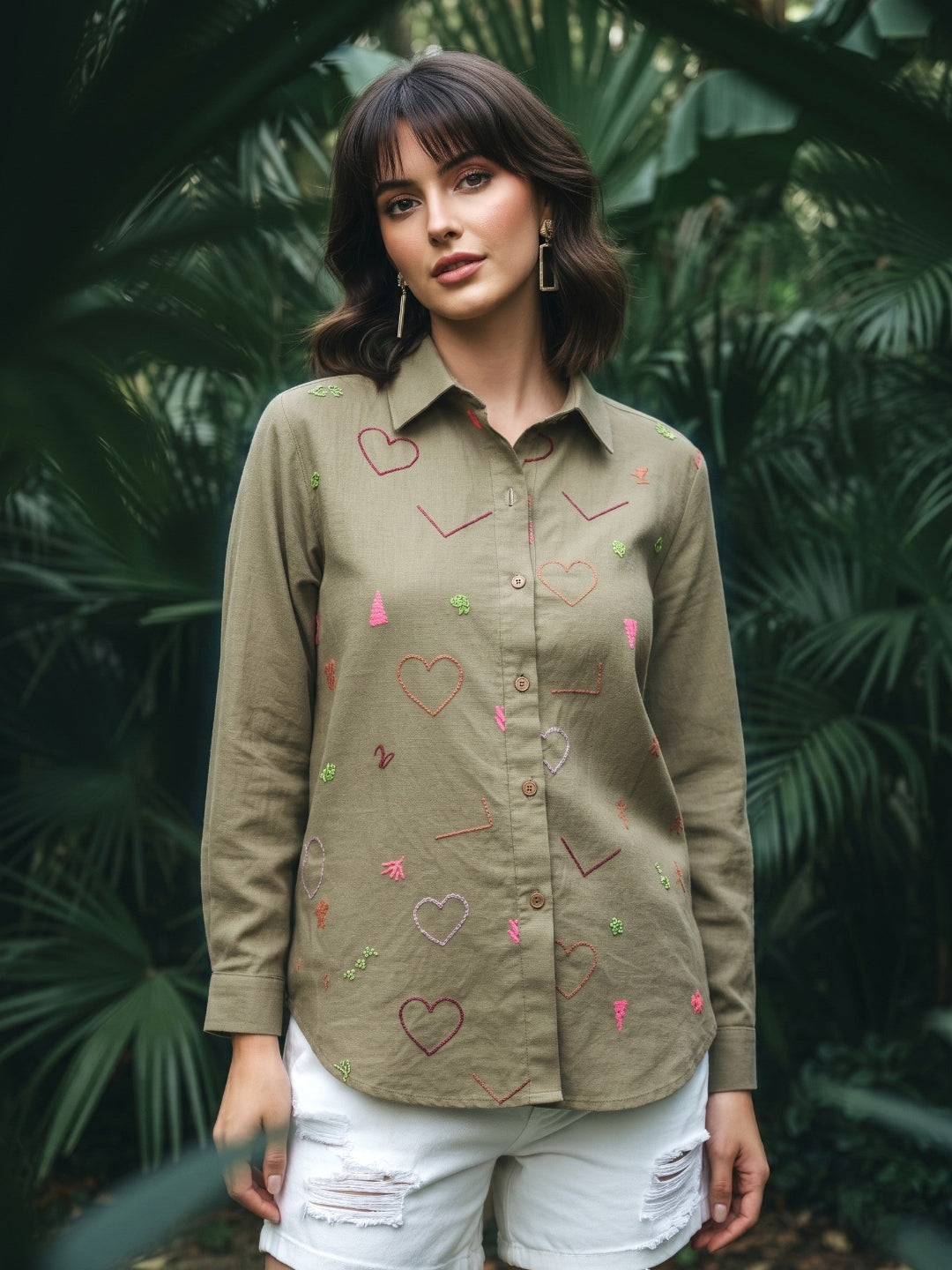 Ivanka olive embroidery cotton shirt