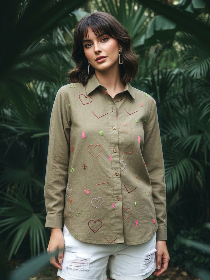 Ivanka olive embroidery cotton shirt