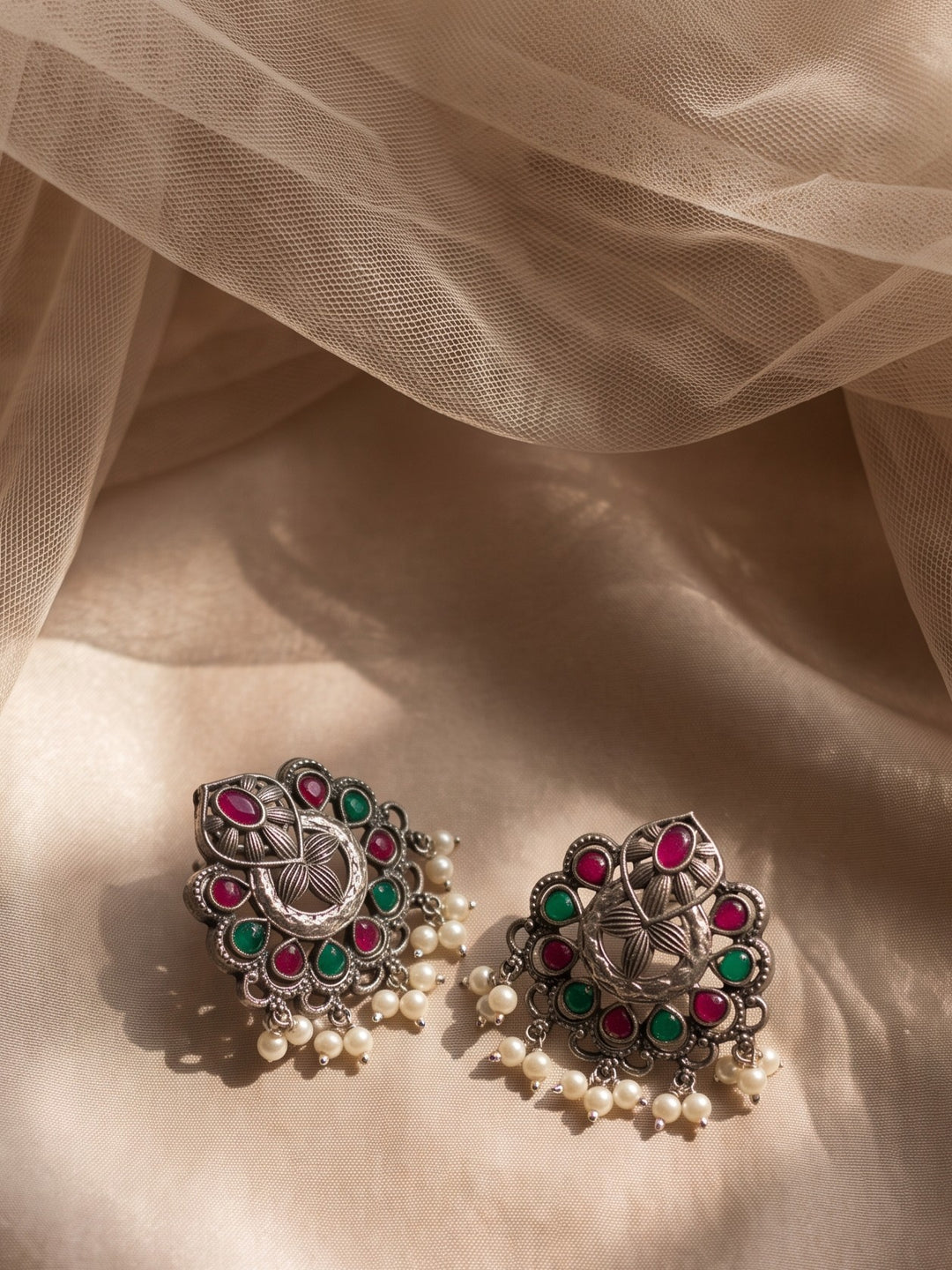 Meenakshi Meenakarie Silver Pendant Chain With Earring