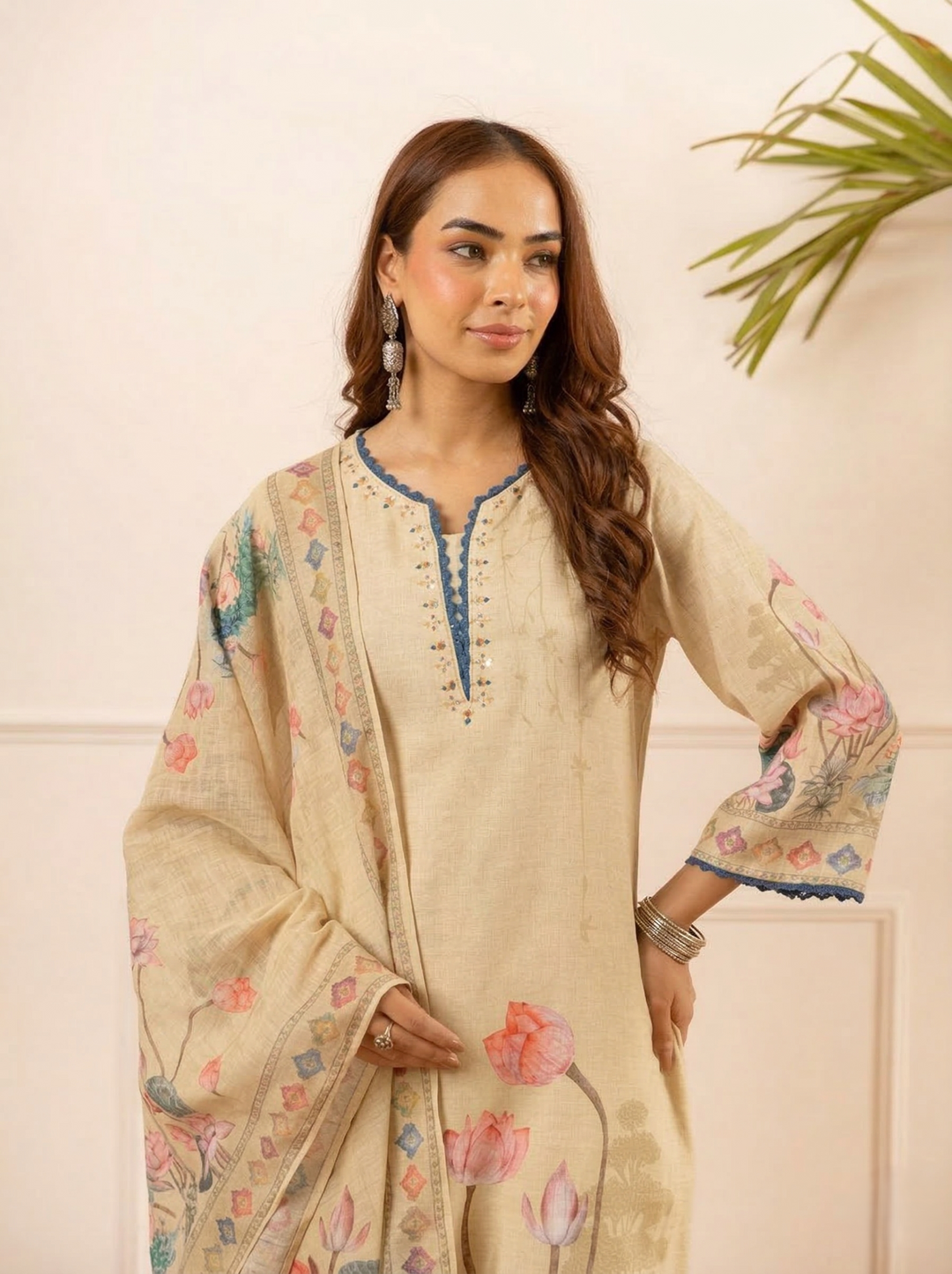 Mihika tan printed cotton suit set