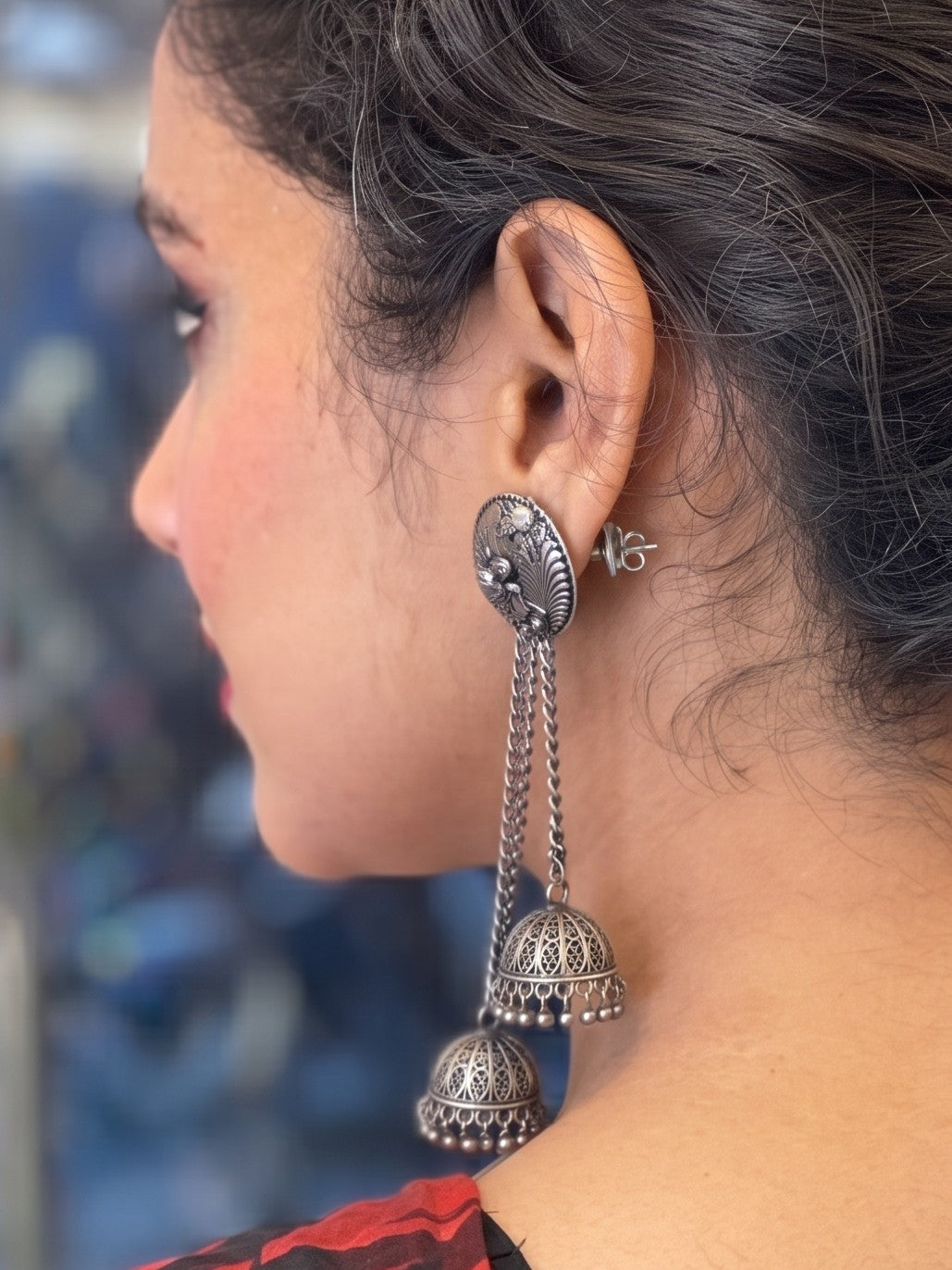 Rajwara Oxidised Double Layer Chain Jhumka