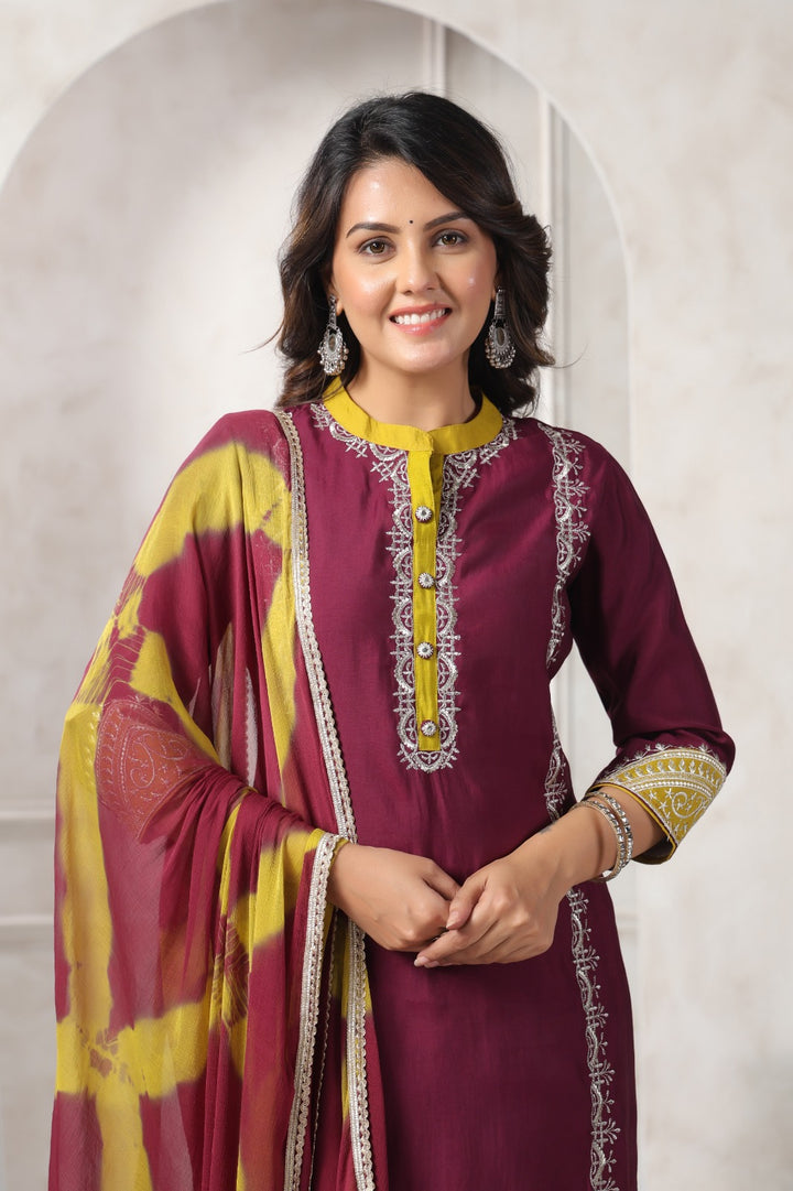 Nabha Wine Printed Work Suit Set