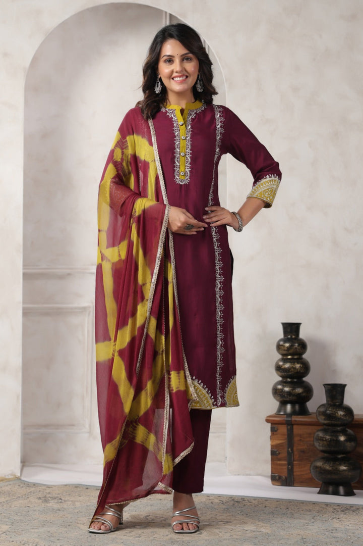 Nabha Wine Printed Work Suit Set