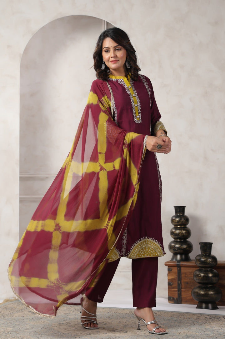 Nabha Wine Printed Work Suit Set