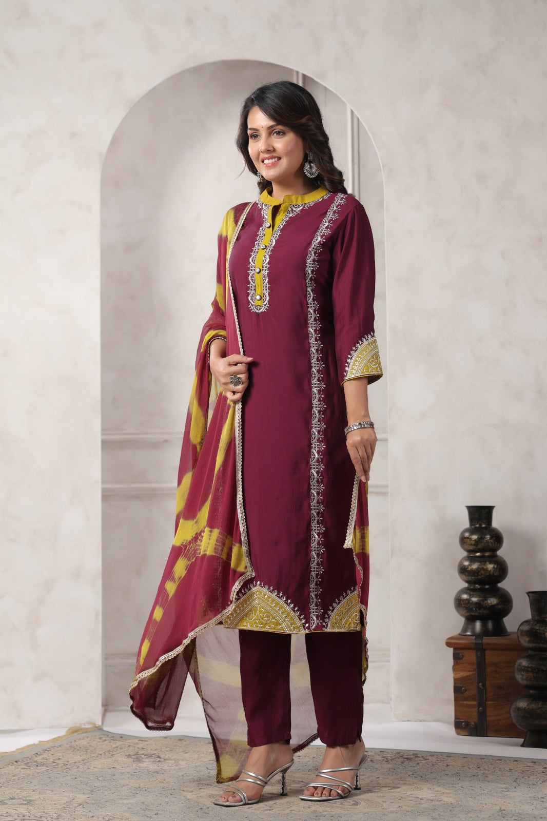 Nabha Wine Printed Work Suit Set
