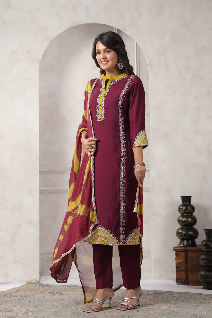 Nabha Wine Printed Work Suit Set