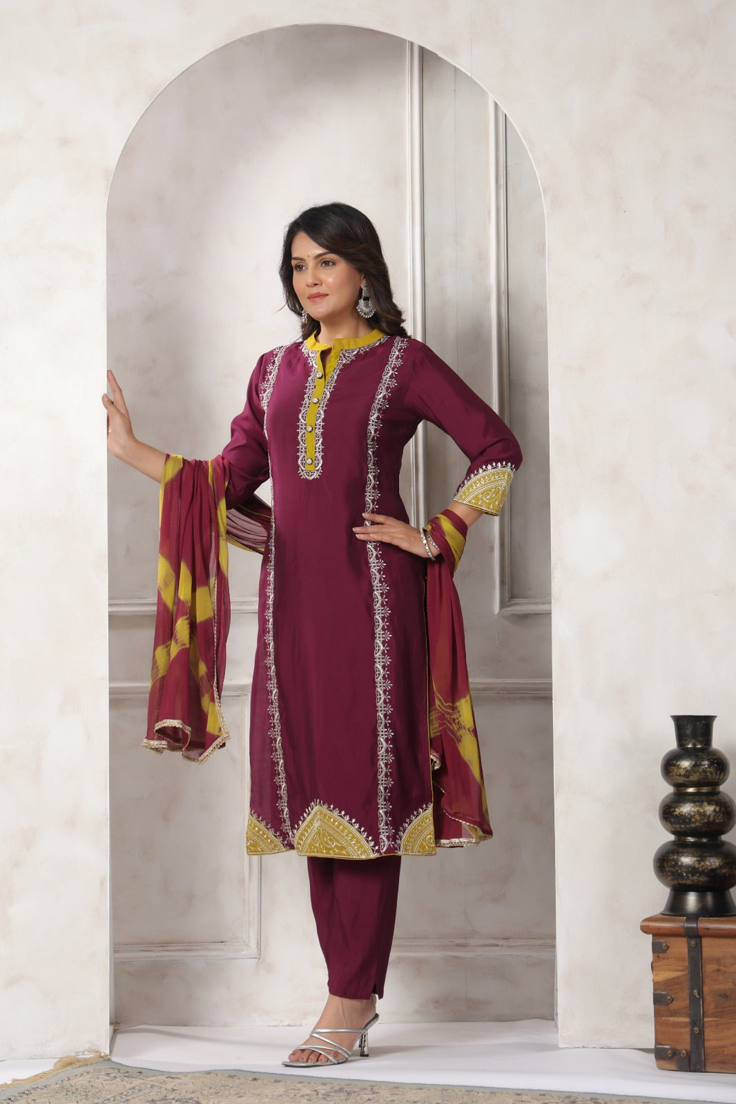 Nabha Wine Printed Work Suit Set