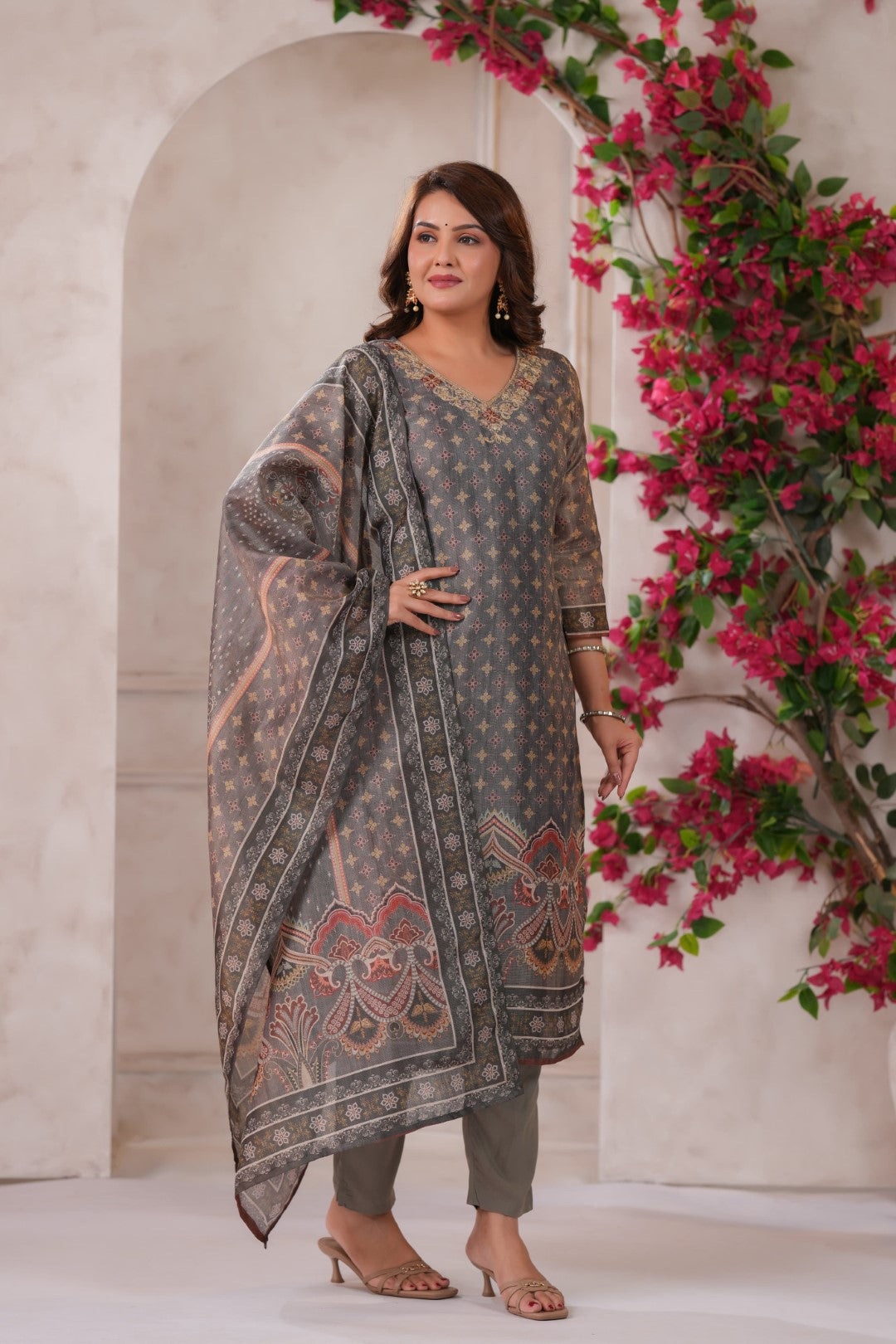 Nabha Olive Printed Work Suit Set