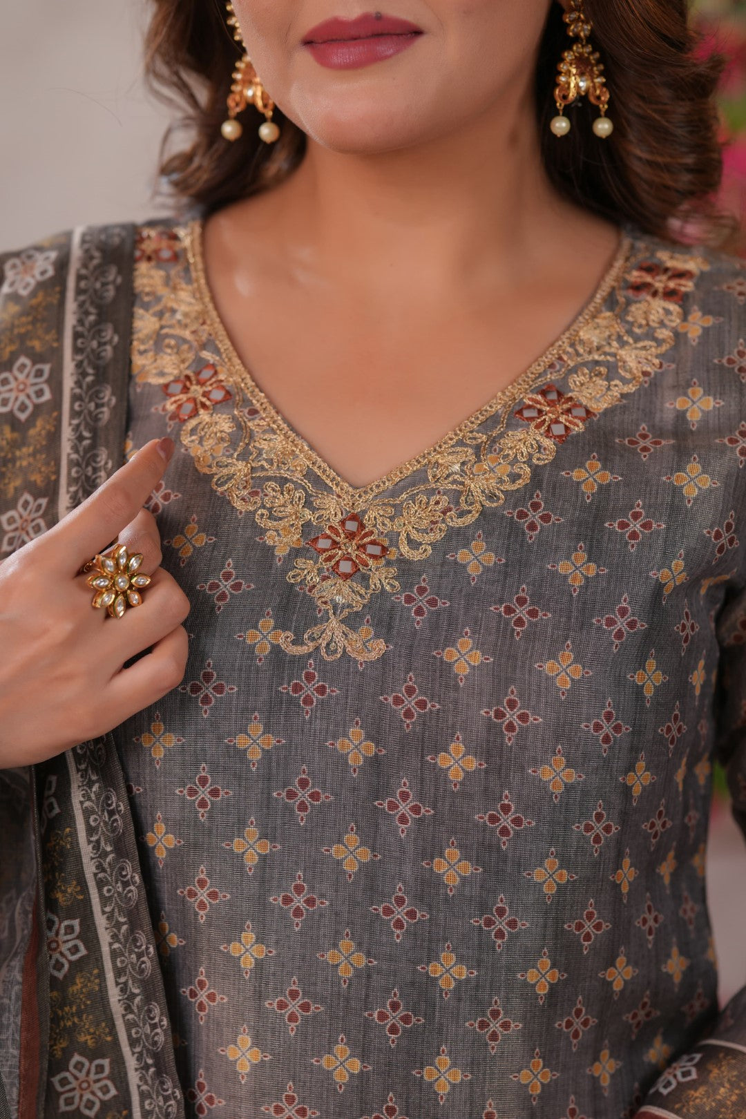 Nabha Olive Printed Work Suit Set