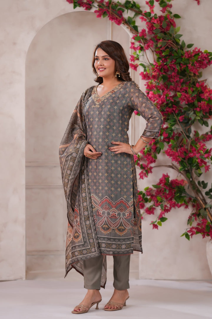 Nabha Olive Printed Work Suit Set