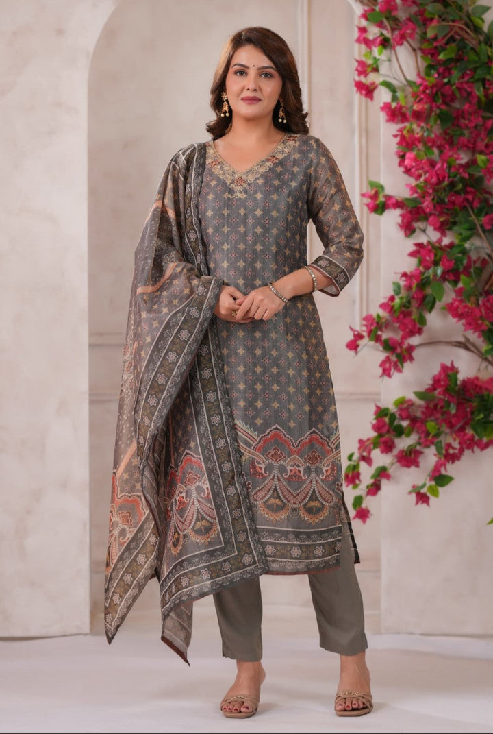 Nabha Olive Printed Work Suit Set