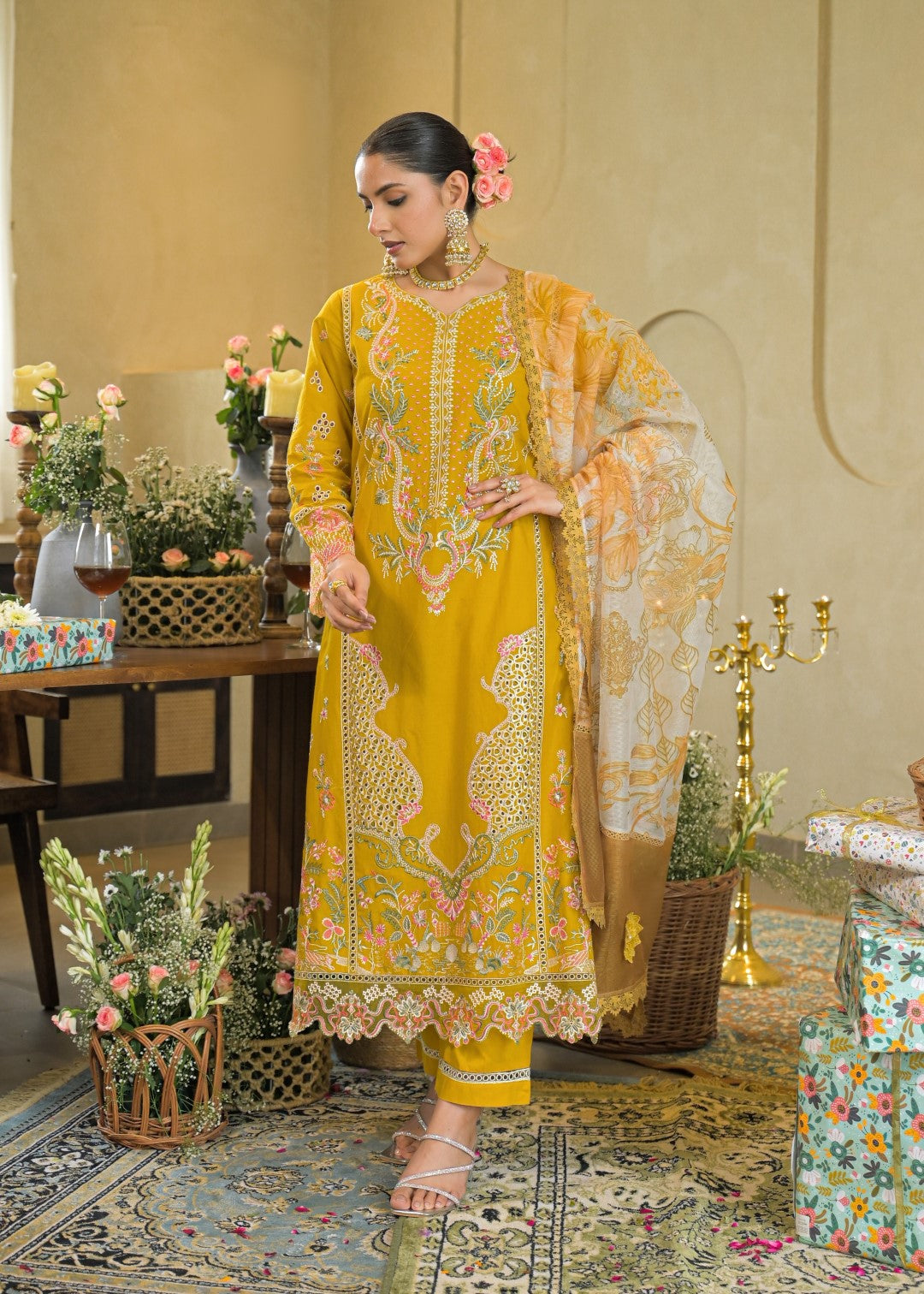 Vastramaya maize full embroidery lawn suit set