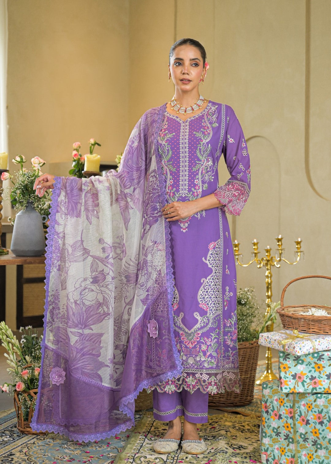 Vastramaya Lavender full embroidery lawn suit set