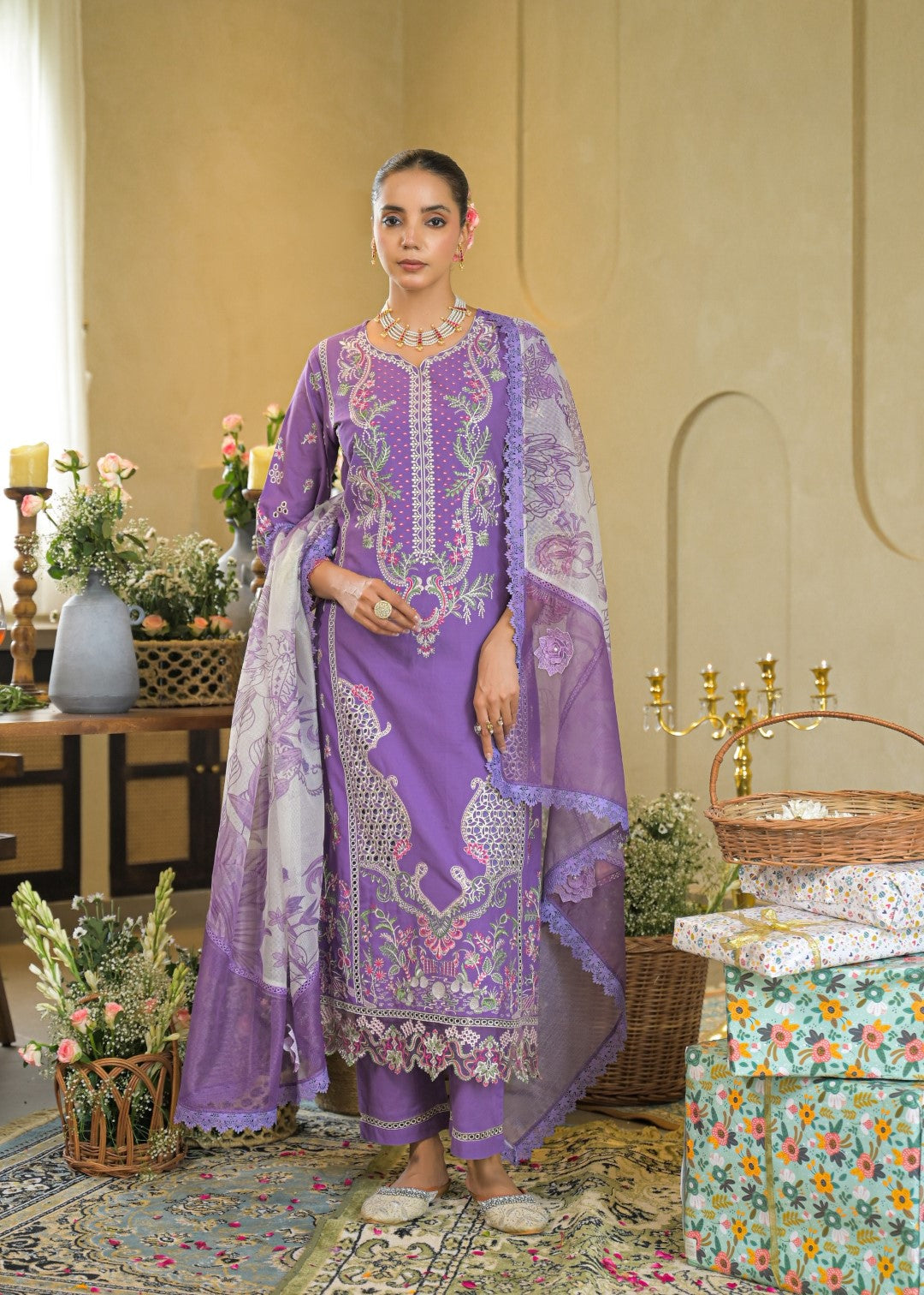 Vastramaya Lavender full embroidery lawn suit set