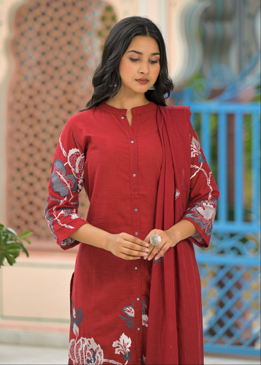 Sanjana Merlot Embroidered Suit Set