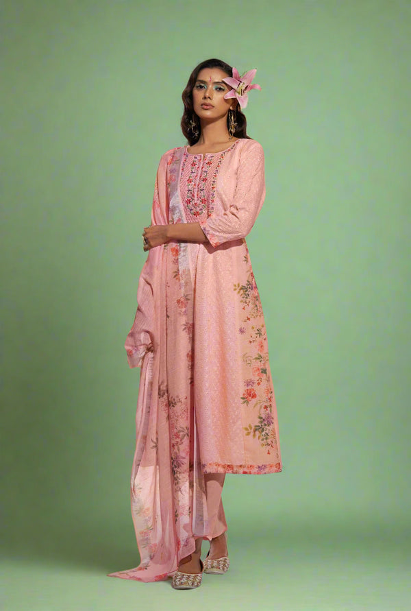 Jaideep Salmon Shchiffli Cotton Embroidered Suit Set