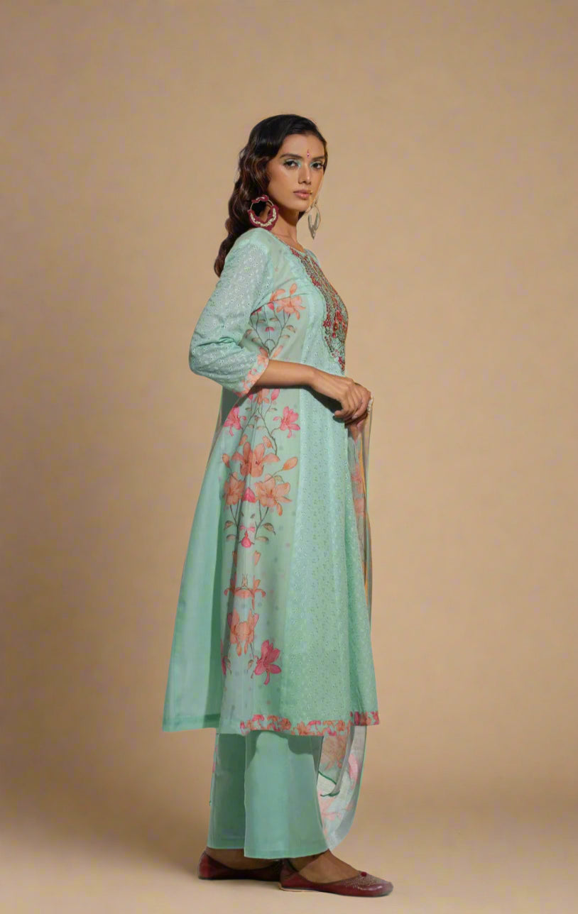 Jaideep Shamrock Schiffli Cotton Suit Set
