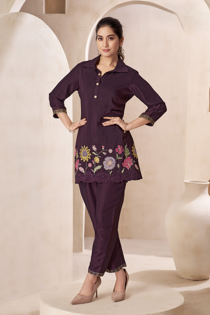 Jaideep Merlot Embrodiery Co-ord Set
