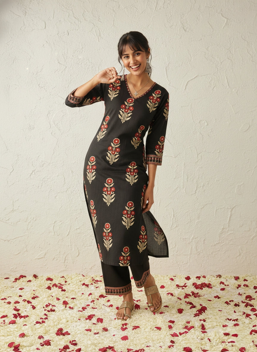 Swades Raven printed cotton kurta pant set