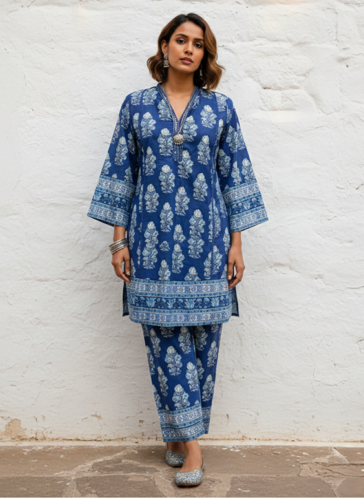 Swades cobalt printed cotton co-ord set