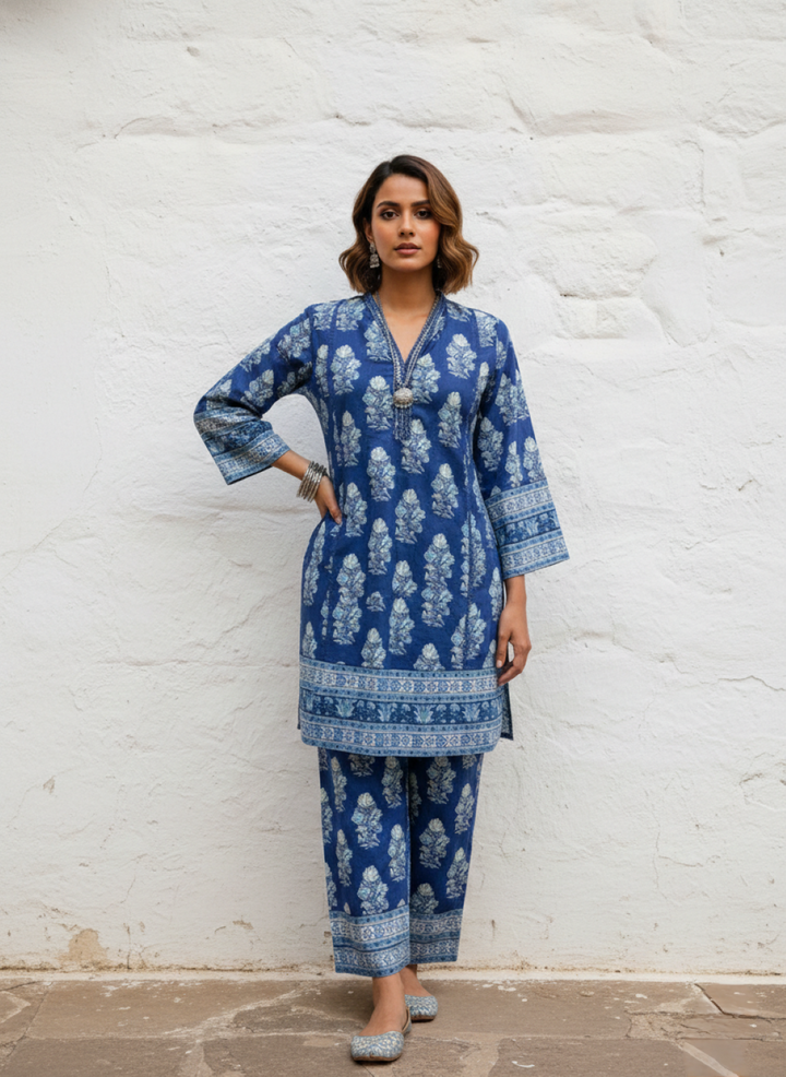 Swades cobalt printed cotton co-ord set