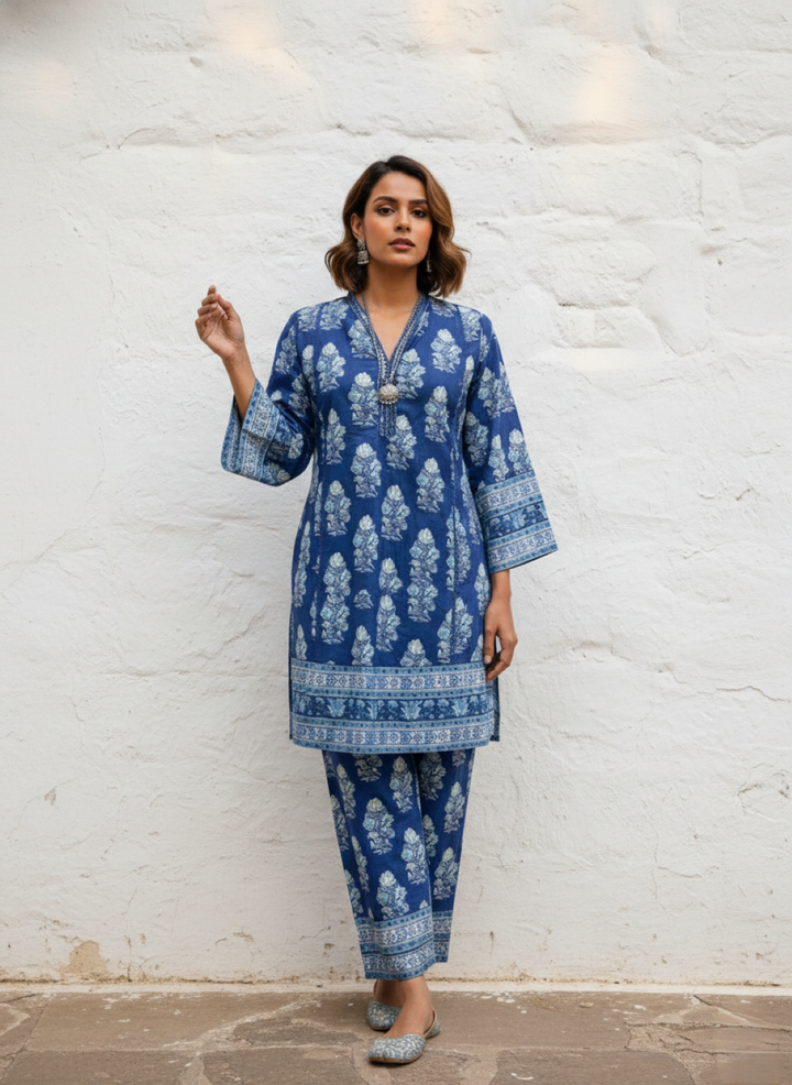 Swades cobalt printed cotton co-ord set