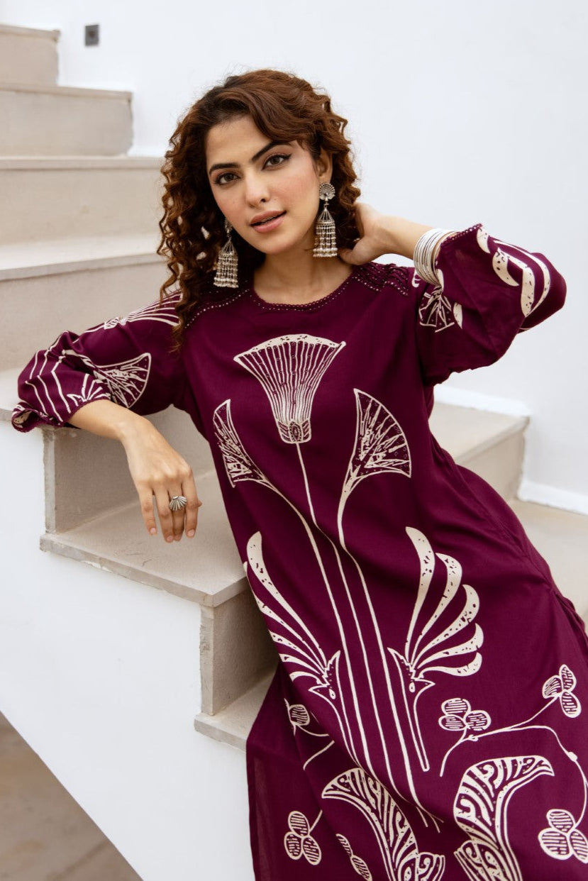Sonpal Raspberry Printed Kurta pant set