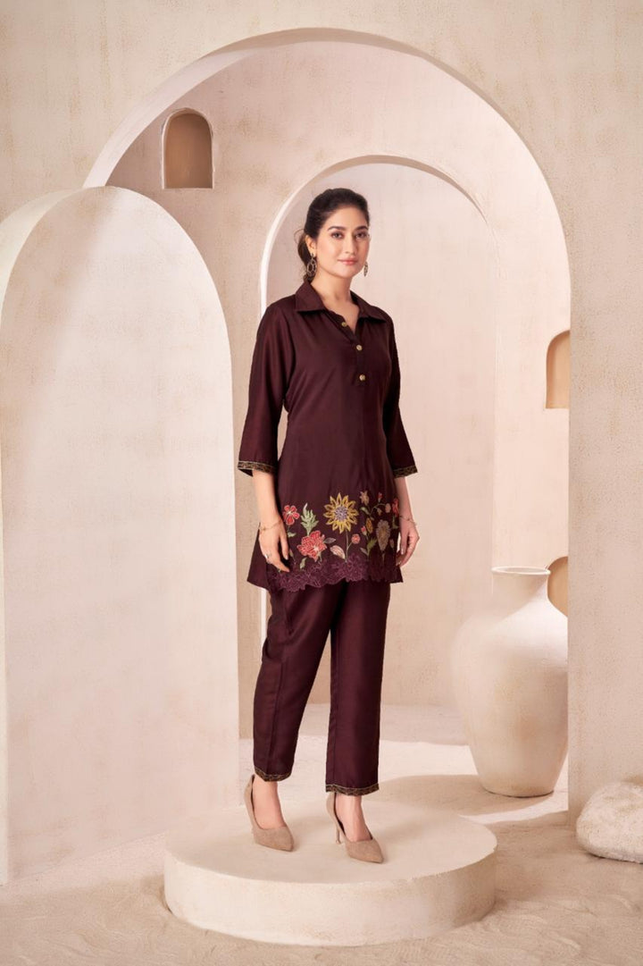 Jaideep Merlot Embrodiery Co-ord Set