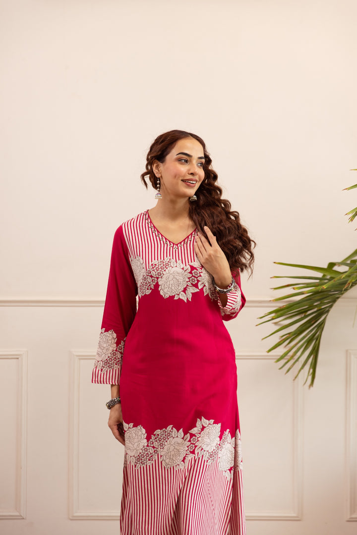 Kabool Rose Printed Kurta Pant Set