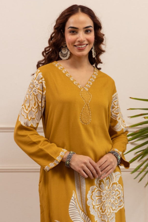 Sonpal mustard printed kurta pant set