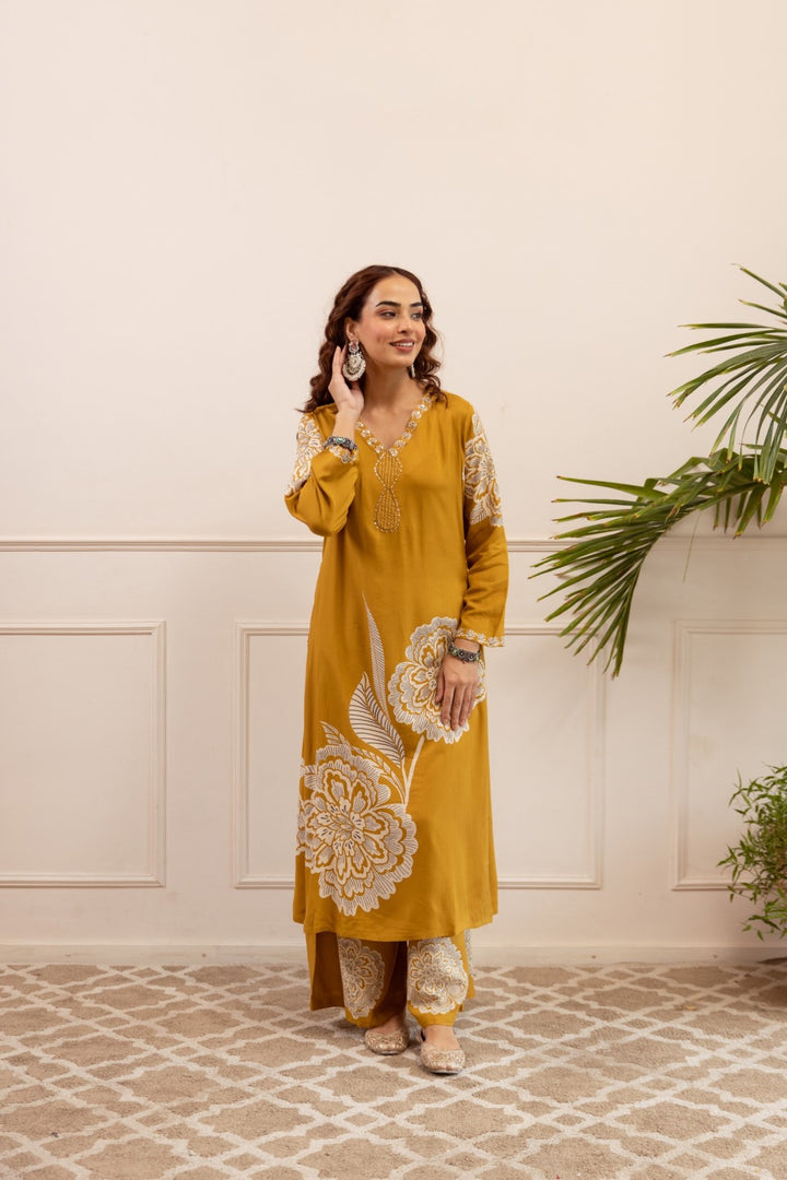 Sonpal mustard printed kurta pant set