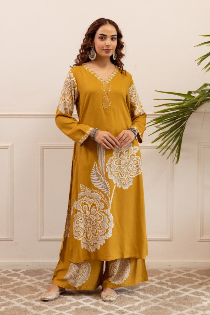 Sonpal mustard printed kurta pant set