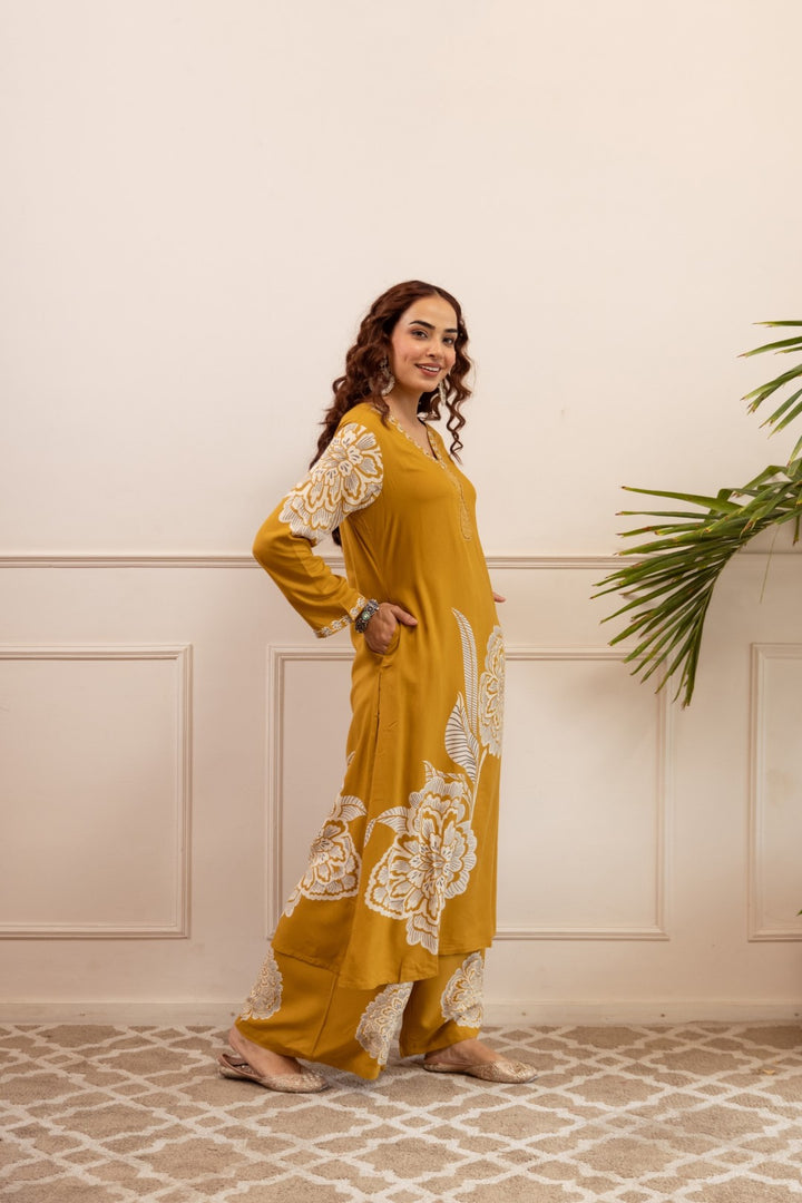 Sonpal mustard printed kurta pant set