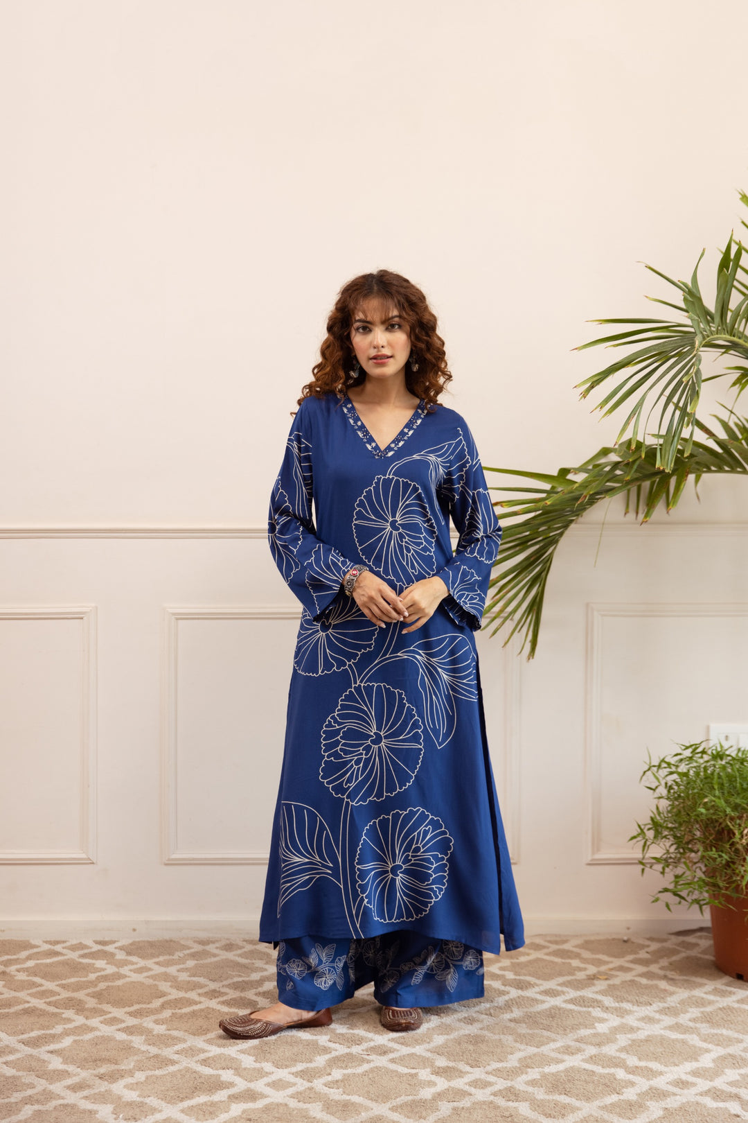 Kabool jayblue printed cotton kurta pant set