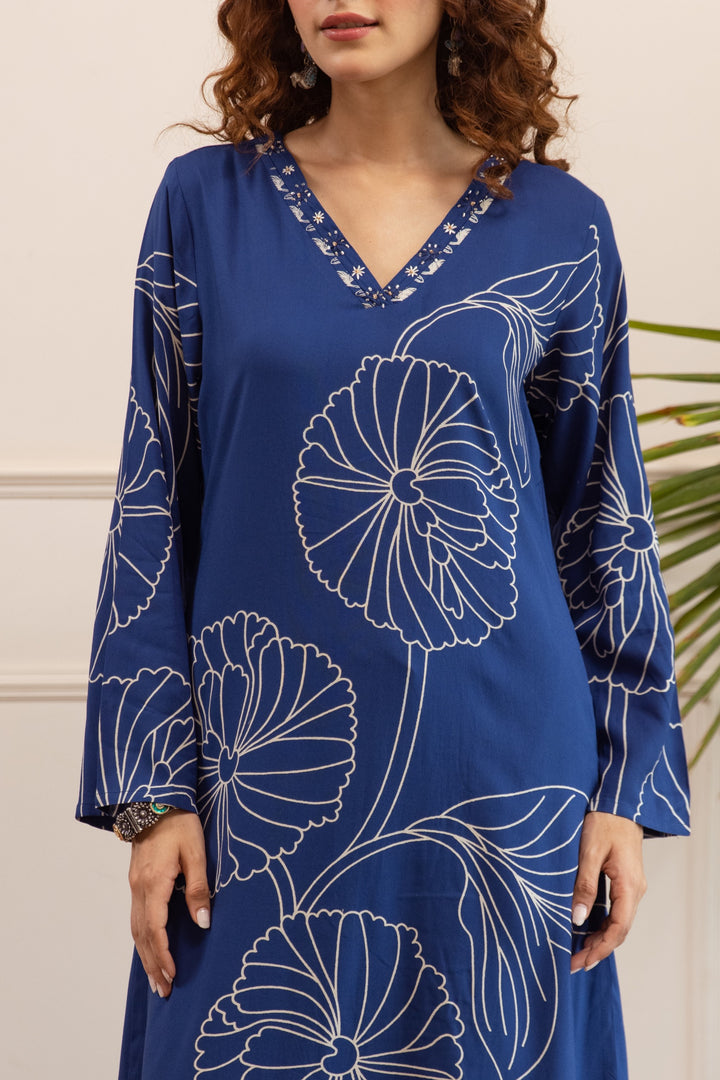 Kabool jayblue printed cotton kurta pant set