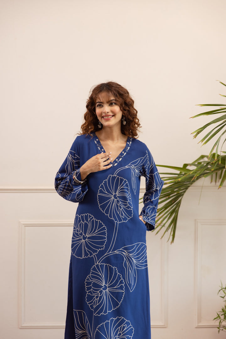 Kabool jayblue printed cotton kurta pant set