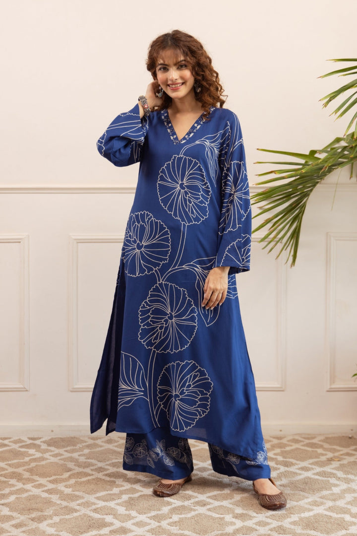 Kabool jayblue printed cotton kurta pant set