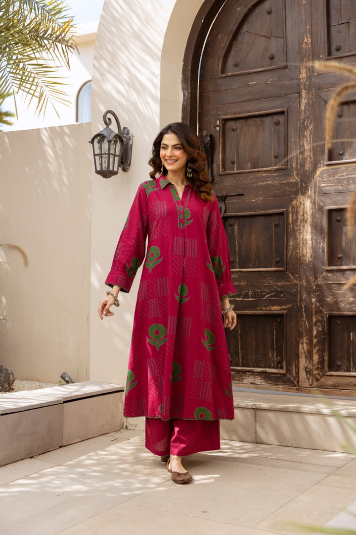 Raven cherry cotton kurta pant set