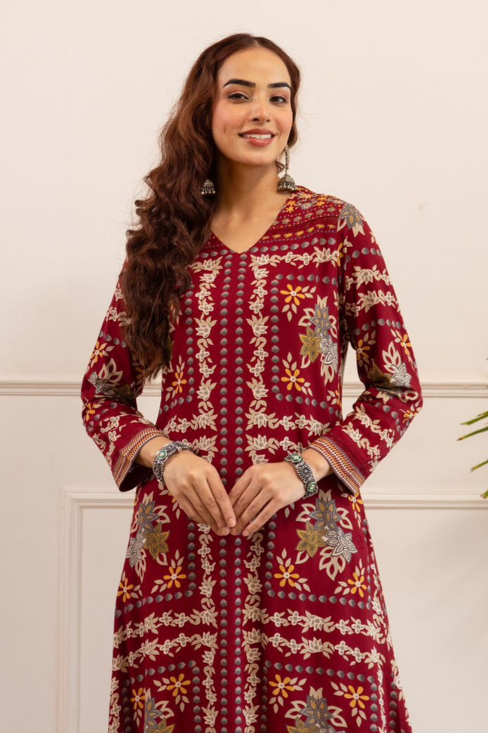 Kabool Firebrick printed kurta pant set
