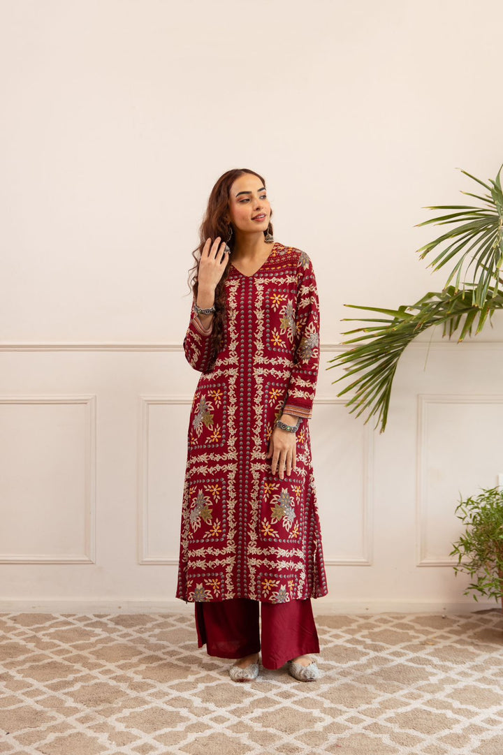 Kabool Firebrick printed kurta pant set