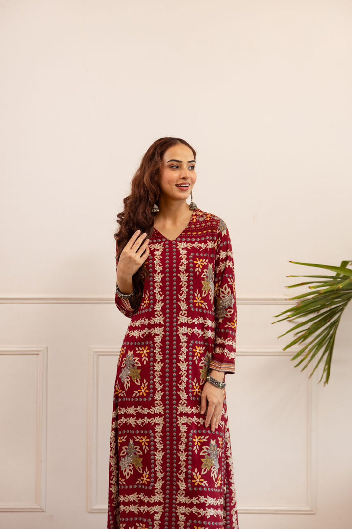 Kabool Firebrick printed kurta pant set