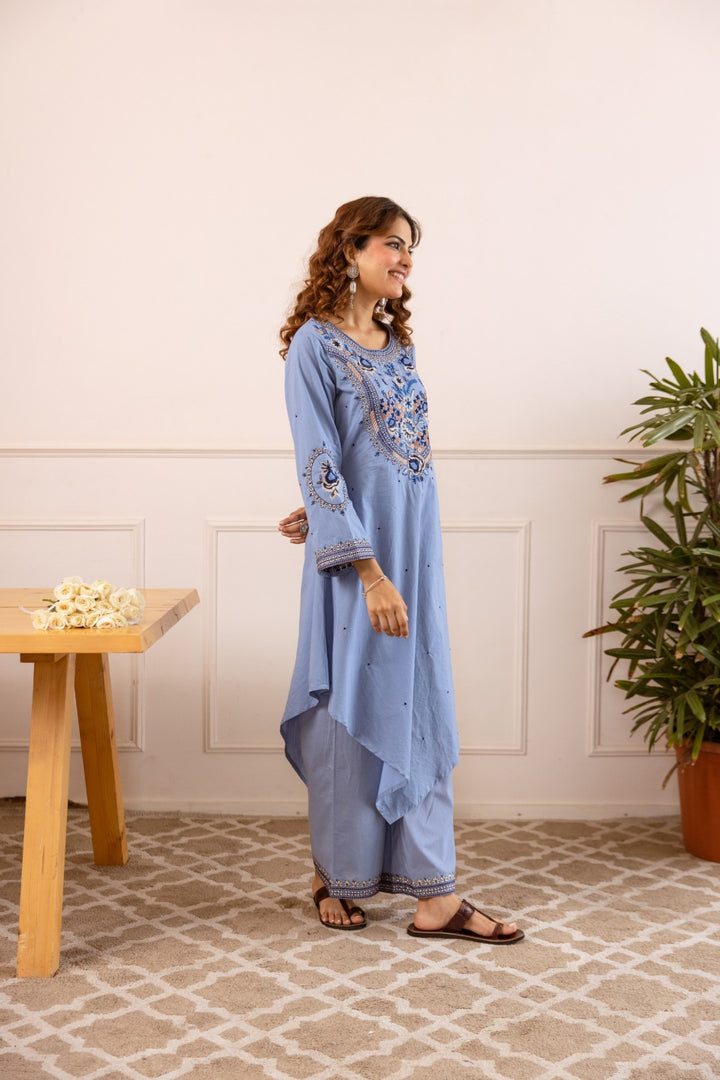 Stravi periwinkle Embroidery Kurta Pant set