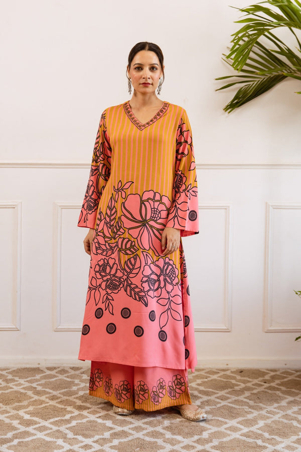 Bakul Apricot Printed Kurta Pant Set