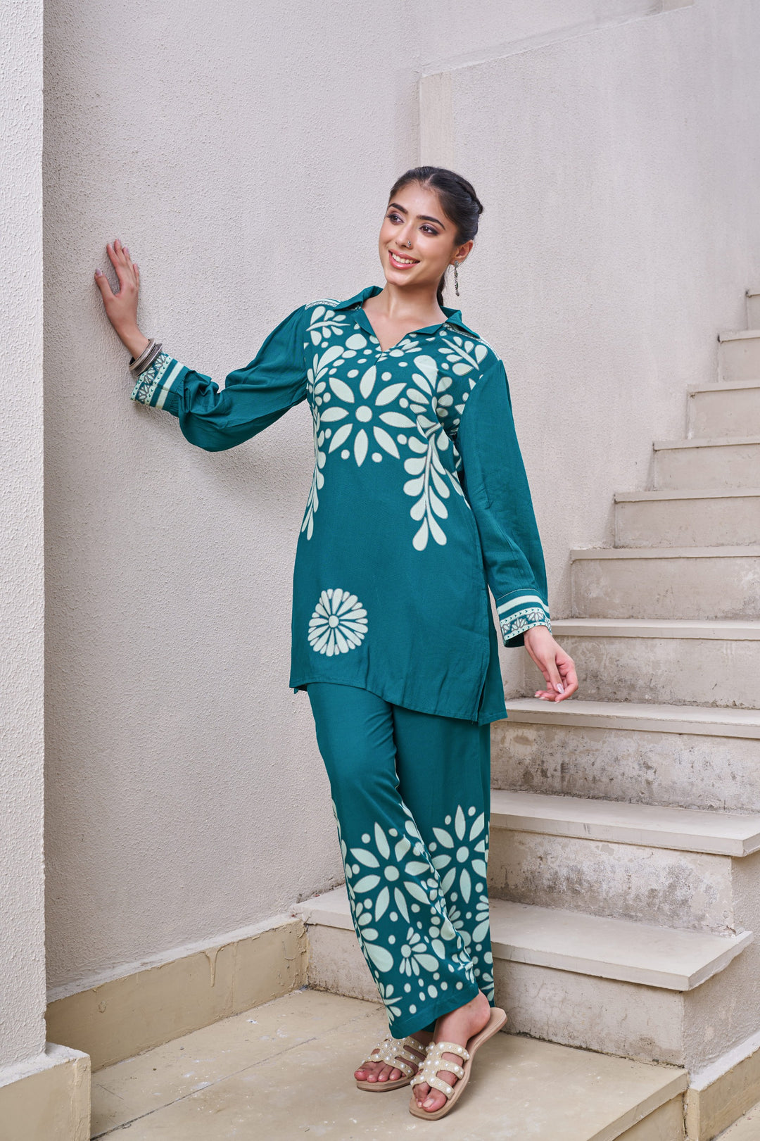 Kabool Teal printed cotton co-ord set
