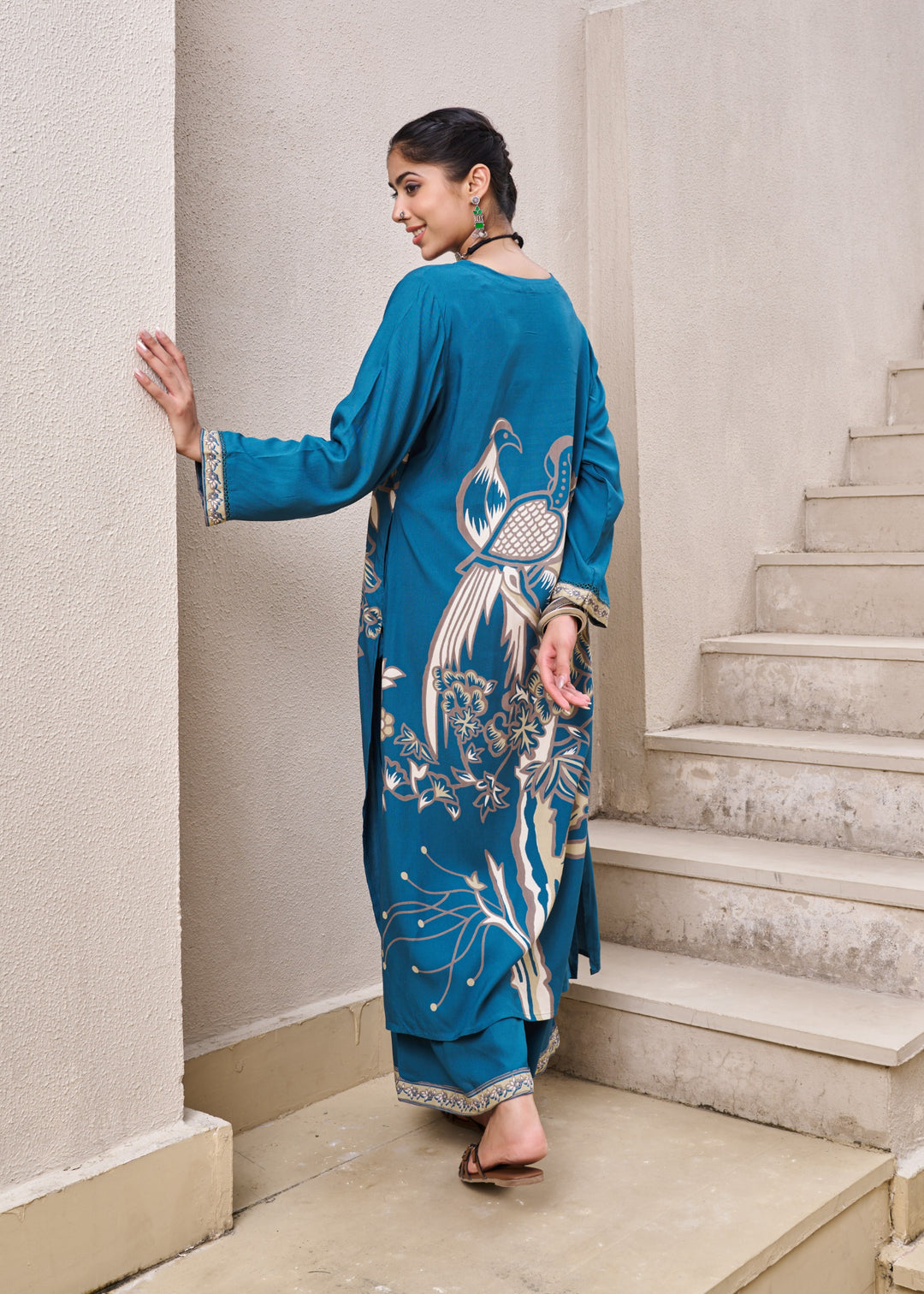 Kabool Peacock Printed Kurta Pant Set