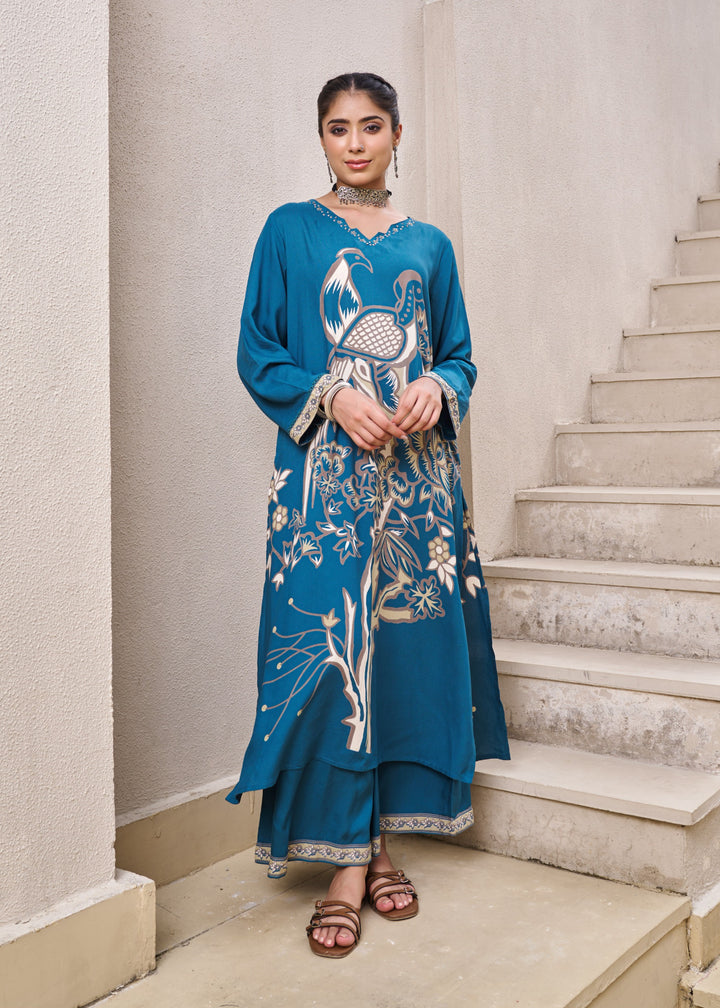 Kabool Peacock Printed Kurta Pant Set