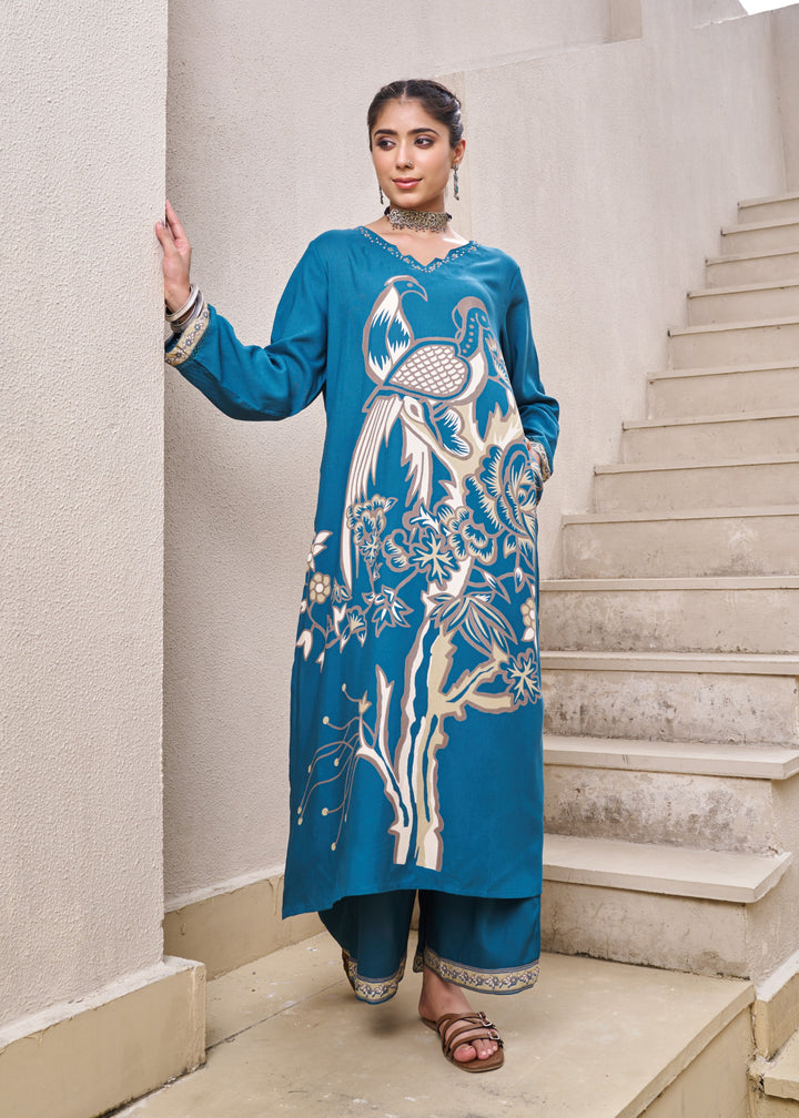 Kabool Peacock Printed Kurta Pant Set