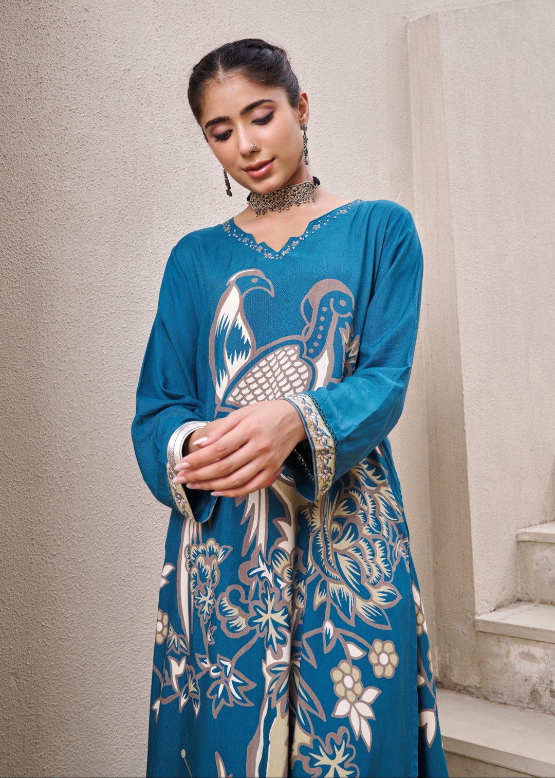 Kabool Peacock Printed Kurta Pant Set